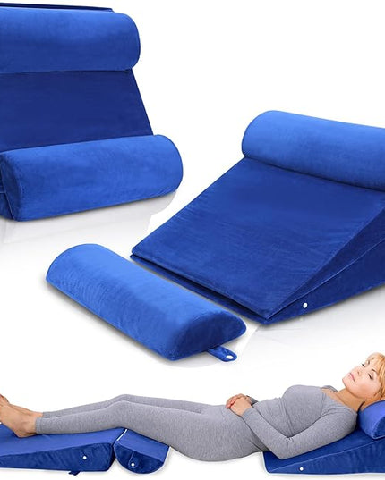 Bed Wedge Pillow Set 4Pcs for Sleeping,Elevation,Assist in Post Surgery Recovery,Acid Reflux,GERD,Snoring,Full Meory Foam,Washable Velvet Cover Roya Blue - LeafyLoom