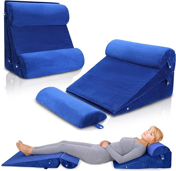 Bed Wedge Pillow Set 4Pcs for Sleeping,Elevation,Assist in Post Surgery Recovery,Acid Reflux,GERD,Snoring,Full Meory Foam,Washable Velvet Cover Roya Blue - LeafyLoom