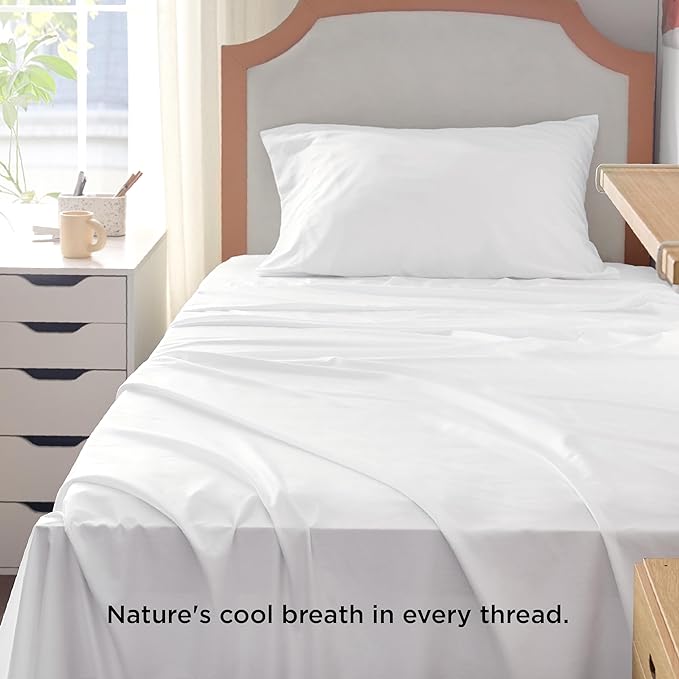 Bedsure Twin XL Sheet Set Dorm Bedding, Cooling Sheets Twin Extra Long Sheets, Rayon Derived from Bamboo, Deep Pocket Up to 16", Hotel Luxury Silky Bedding Sheets & Pillowcases, White - LeafyLoom