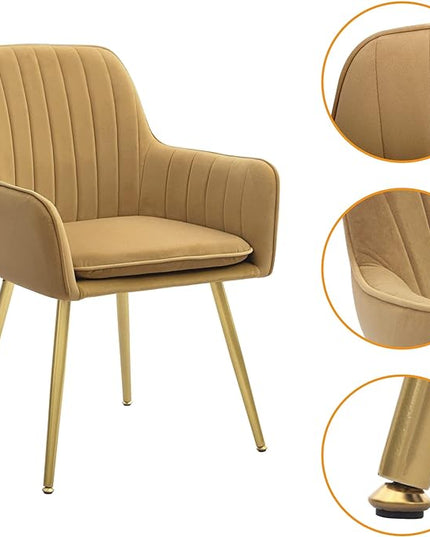 CangLong Furniture Modern Living Dining Room Accent Arm Chairs Club Guest Metal, Set of 2, Brown+Gold Legs - LeafyLoom