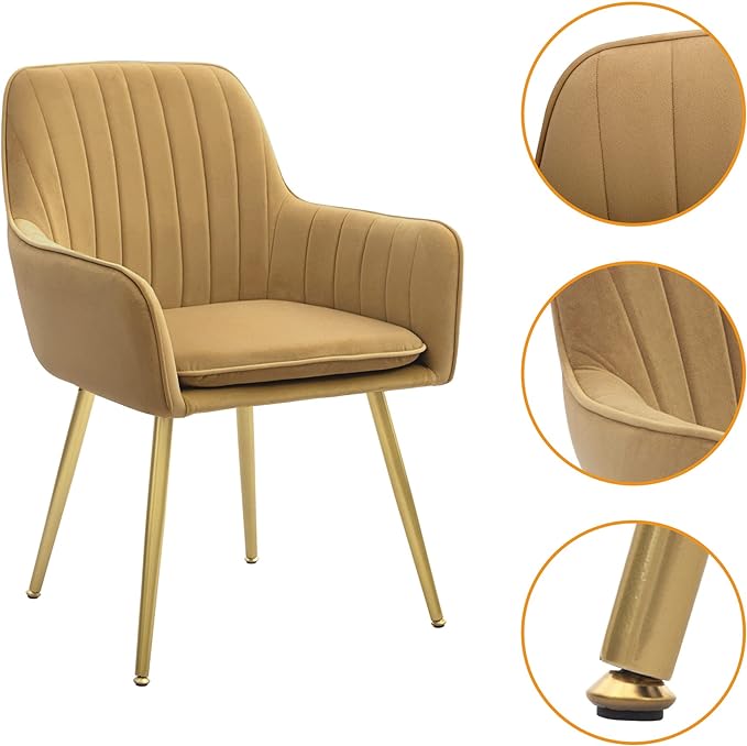 CangLong Furniture Modern Living Dining Room Accent Arm Chairs Club Guest Metal, Set of 2, Brown+Gold Legs - LeafyLoom