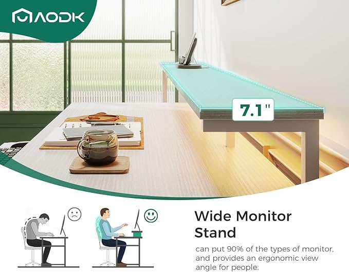 AODK 55 Inch Computer Desk with Power Outlet and LED Light, Reversible Office Desk with File Cabinet and Drawer, Gaming Desk with Keyboard Tray, Study Table with Full Monitor Riser and PC Stand, White - LeafyLoom