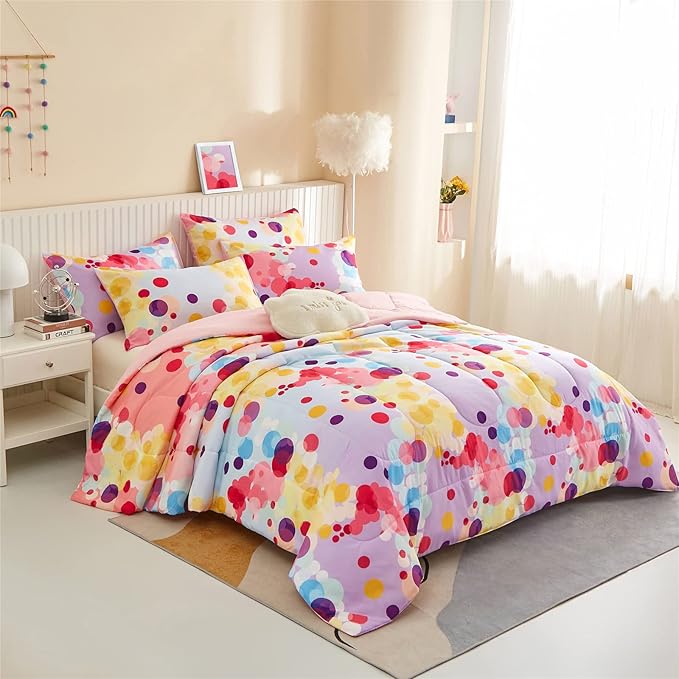 Rainbow Ombre Comforter Set Twin Size for Girls, Colorful Bubbles Polka Dots Comforter for Kids Teen, 2 Piece Orange Pink Purple Blue Gradient Pastel Bedding Set with 1 Pillow Case(Rainbow,Twin) - LeafyLoom