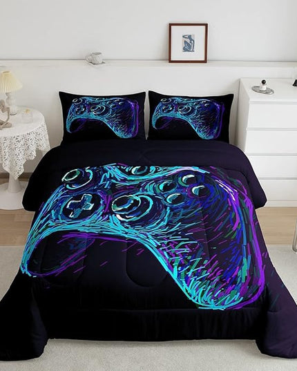 Gamer Comforter Set for Boys Teens Blue and Black Gaming Bedding Set Video Game Bedding Home Decor for Kids Comforter King Size 3 Pieces Gamepad Quilted Duvet Set 1 Comforter with 2 Pillowcases - LeafyLoom
