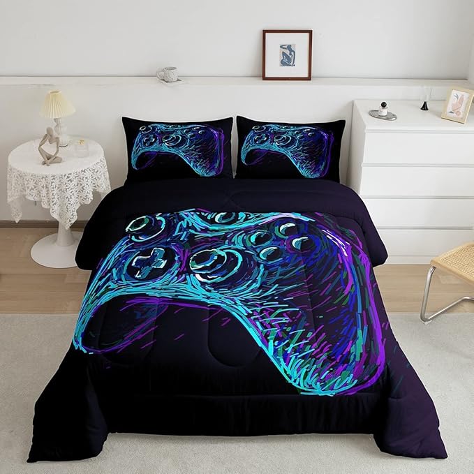 Gamer Comforter Set for Boys Teens Blue and Black Gaming Bedding Set Video Game Bedding Home Decor for Kids Comforter King Size 3 Pieces Gamepad Quilted Duvet Set 1 Comforter with 2 Pillowcases - LeafyLoom