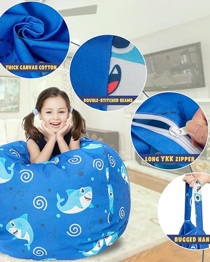 Stuffed Animal Storage Bean Bag Chair Cover, Hold Kids Plush Toys Blankets Towels Beanbag (Cover Only), Canvas Floor Circle Stuff Sit Seat Sofa with YKK Zipper, Large 32", Blue Shark - LeafyLoom