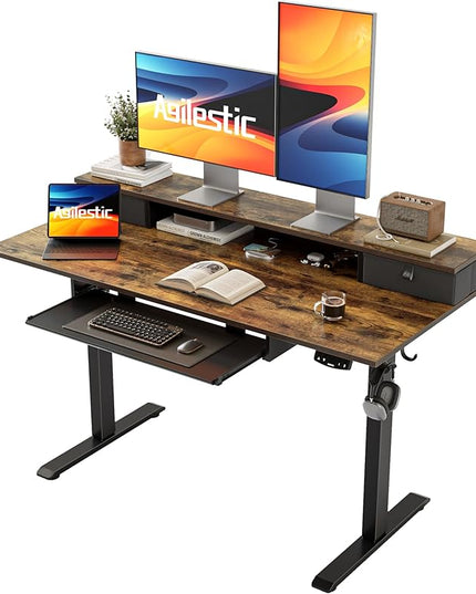 Electric Standing Desk with 2 Drawers and Keyboard Tray, 48 x 24 Inches Ergonomic Adjustable Height Desk with Storage, Sit Stand Computer Workstation, Rustic Brown - LeafyLoom