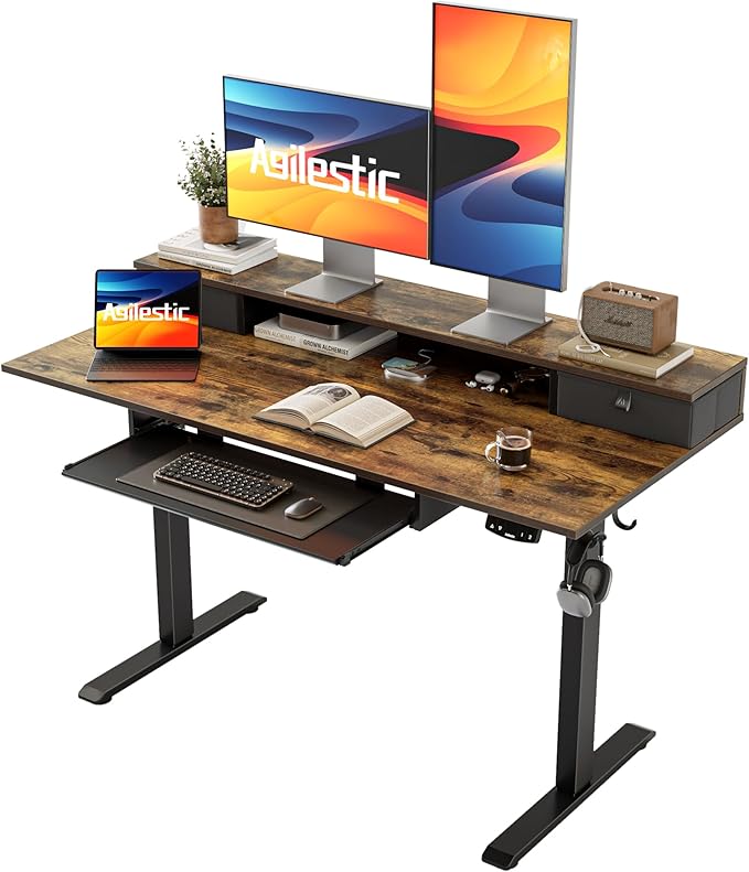 Electric Standing Desk with 2 Drawers and Keyboard Tray, 48 x 24 Inches Ergonomic Adjustable Height Desk with Storage, Sit Stand Computer Workstation, Rustic Brown - LeafyLoom
