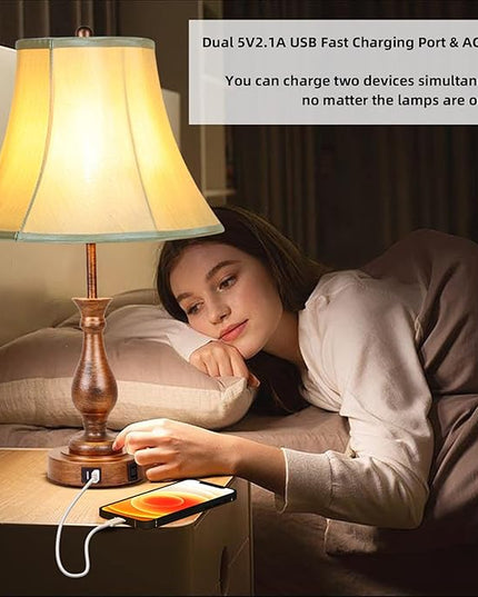 Farmhouse Table Lamp Touch Control 3-Way Dimmable Table Lamp, Modern Nightstand Lamp with 2 USB Port Bedside Desk Lamp with Fabric Shade for Living Room Bedroom Hotel (Pack-001) - LeafyLoom