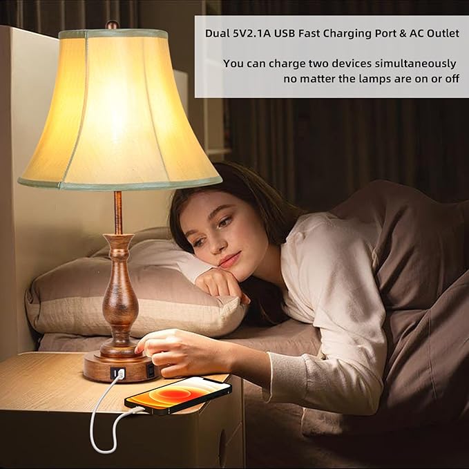 Farmhouse Table Lamp Touch Control 3-Way Dimmable Table Lamp, Modern Nightstand Lamp with 2 USB Port Bedside Desk Lamp with Fabric Shade for Living Room Bedroom Hotel (Pack-001) - LeafyLoom