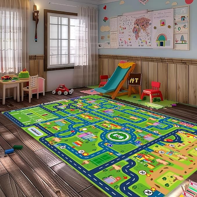 Car Rug Play Mat,Road Rug Kid Play Mat,Playroom Toy Car Mat, Kids Carpet City Map for Bedroom Classroom,Extra Large Thick (59X39.4 Inch) - LeafyLoom