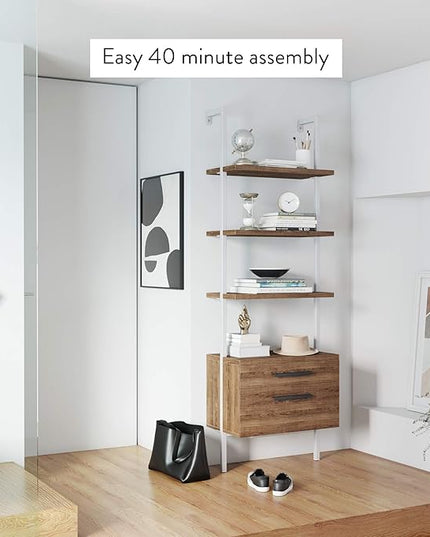 Nathan James Theo Industrial Bookshelf with Wood Drawers and Matte Steel Frame, 3-Shelf, Oak/White - LeafyLoom