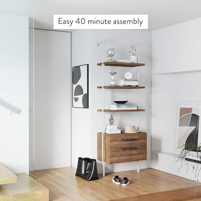 Nathan James Theo Industrial Bookshelf with Wood Drawers and Matte Steel Frame, 3-Shelf, Oak/White - LeafyLoom