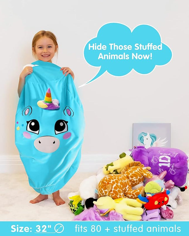 Aubliss Stuffed Animal Storage, Velvet Bean Bag Chairs Cover, Large 32" Ultra Soft Kids Toy Storage Organizer for Blankets Towels Clothes, Blue Big Eyes - LeafyLoom