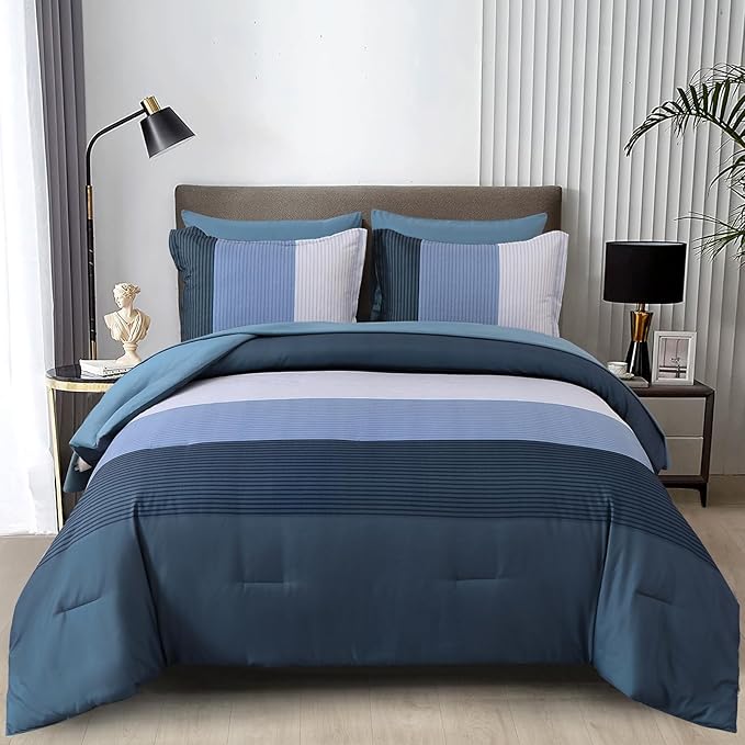 WONGS BEDDING Navy Blue Comforter Set Queen, Reversible Striped Patchwork Down Alternative Comforter,3 Pieces (1 Comforter+2 Pillowcases), Soft Microfiber Bedding Duvet Insert Set 90"×90" - LeafyLoom
