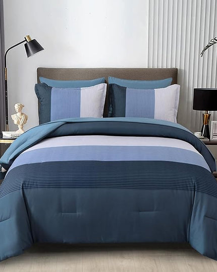 Navy Blue Comforter Set King, Reversible Navy Blue Striped Down Alternative Comforter for King Bed,3 Pieces (1 Comforter+2 Pillowcases), Soft Microfiber Bedding Duvet Set 104"×90" - LeafyLoom