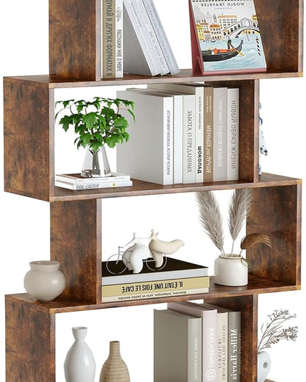 Yusong Geometric Bookcase, Bookshelf 6-Tier S Shaped Book Shelves for Bedroom, Modern Wood Decorative Display Shelf Tall Book Case for Home Office, Rustic Brown - LeafyLoom