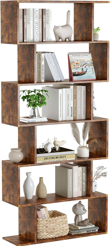 Yusong Geometric Bookcase, Bookshelf 6-Tier S Shaped Book Shelves for Bedroom, Modern Wood Decorative Display Shelf Tall Book Case for Home Office, Rustic Brown - LeafyLoom