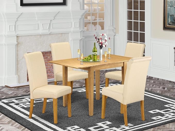 East West Furniture NDBA5-OAK-02 Norden 5 Piece Set Includes a Rectangle Dining Room Table with Dropleaf and 4 Light Beige Linen Fabric Upholstered Parson Chairs, 30x48 Inch, Oak - LeafyLoom
