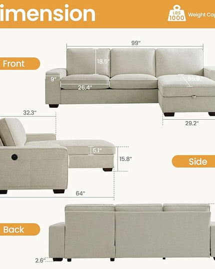 COHOME 100" L-Shaped Sofa with Storage, Chenille Upholstered Deep Seat Couch for Living Room, Sofa with Reversible Chaise, Removable Covers, 3-Seater Apartment Sofa with Charge Ports,Beige - LeafyLoom