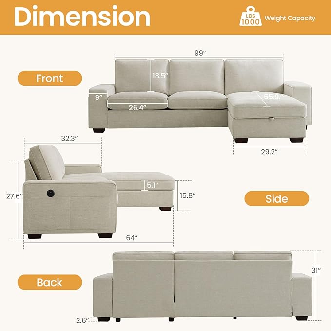 COHOME 100" L-Shaped Sofa with Storage, Chenille Upholstered Deep Seat Couch for Living Room, Sofa with Reversible Chaise, Removable Covers, 3-Seater Apartment Sofa with Charge Ports,Beige - LeafyLoom