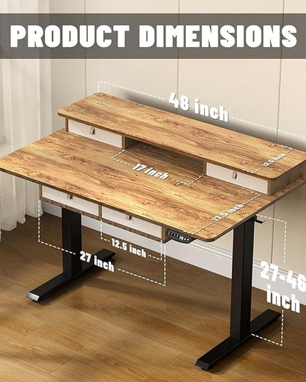 48 * 30 Inches Electric Standing Widened Desk Adjustable Height with 4 Drawers, Double Storage Shelves Stand Up Desk, Home Office Workstation Sit Stand up Desk (Light Rustic Brown) - LeafyLoom
