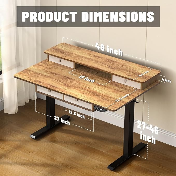 48 * 30 Inches Electric Standing Widened Desk Adjustable Height with 4 Drawers, Double Storage Shelves Stand Up Desk, Home Office Workstation Sit Stand up Desk (Light Rustic Brown) - LeafyLoom