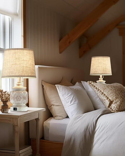 19.5" Farmhouse Vintage Table Lamps for Living Room Set of 2 Traditional Rustic Bedside Lamps for Bedrooms Nightstand with USB Ports Carved Floral Night Light Lamp for Office Decor,Pull Chain - LeafyLoom
