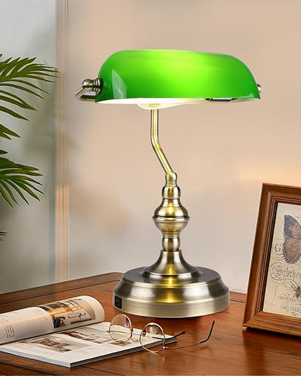 Green Glass Bankers Desk Lamp,Vintage Desk Lamp Touch Control, 3 Way Dimmable Table Lamp with USB Charging Port, Mid Century Banker's Desk Lamp for Home Office Library Antique Brass - LeafyLoom