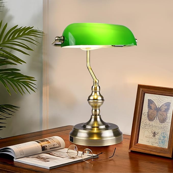 Green Glass Bankers Desk Lamp,Vintage Desk Lamp Touch Control, 3 Way Dimmable Table Lamp with USB Charging Port, Mid Century Banker's Desk Lamp for Home Office Library Antique Brass - LeafyLoom