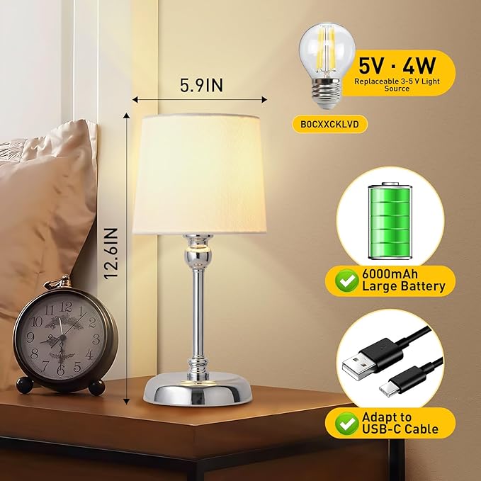 Cordless LED Table Lamp, 6000mAh Rechargeable Bedside Night Lamp for Bedroom, Portable Touch Stepless Dimmable Battery Operated Lamp, Ambient Light for Patio Restaurant(Chrome S) - LeafyLoom