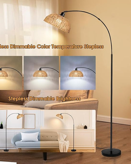 Arc Floor Lamp for Living Room,Black Standing Rattan Floor Lamp with Remote Control Dimmable,71" Tall Boho Farmhouse Adjustable Over Couch Lamp for Bedroom Office - LeafyLoom