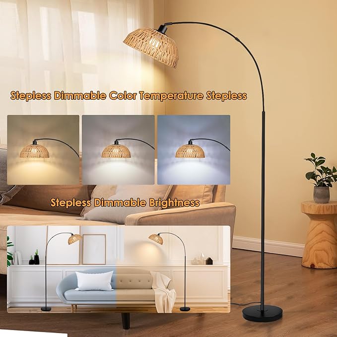 Arc Floor Lamp for Living Room,Black Standing Rattan Floor Lamp with Remote Control Dimmable,71" Tall Boho Farmhouse Adjustable Over Couch Lamp for Bedroom Office - LeafyLoom