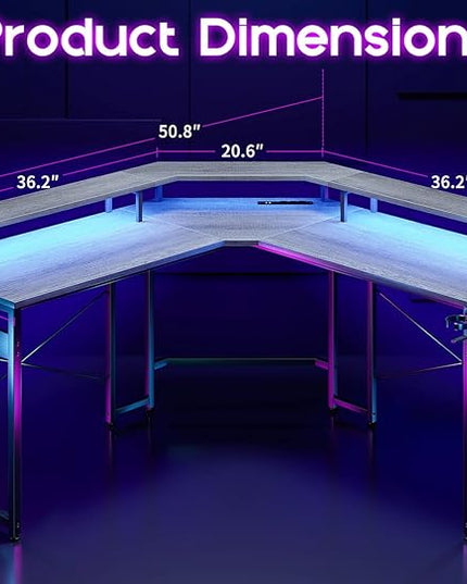 ODK L Shaped Gaming Desk with LED Lights & Power Outlets, 51" Computer Desk with Full Monitor Stand, Corner Desk with Cup Holder, Gaming Table with Hooks, Grey Oak - LeafyLoom