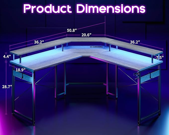 ODK L Shaped Gaming Desk with LED Lights & Power Outlets, 51" Computer Desk with Full Monitor Stand, Corner Desk with Cup Holder, Gaming Table with Hooks, Grey Oak - LeafyLoom