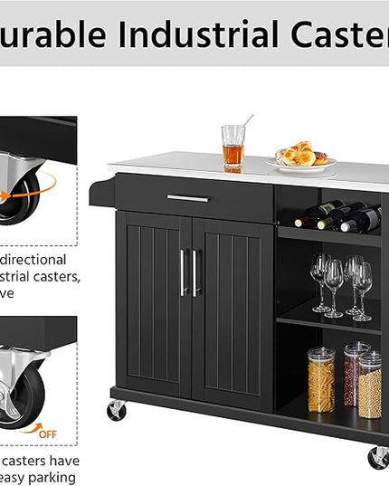 Yaheetech Kitchen Island with Stainless Steel Top and Storage Cabinet, Kitchen Cart on Wheels with Drawer & Open Shelves & Wine Rack & Spice Rack, 18" D x 51" W x 36" H, Black - LeafyLoom
