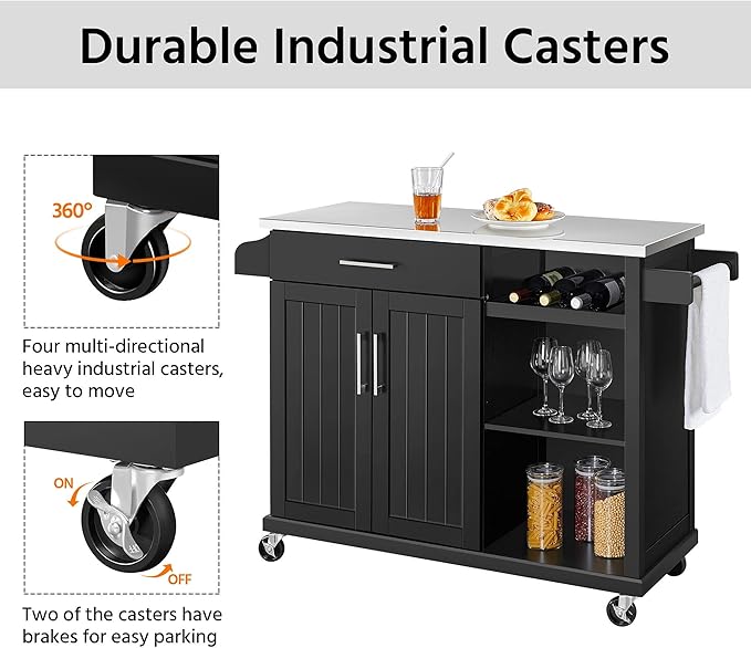 Yaheetech Kitchen Island with Stainless Steel Top and Storage Cabinet, Kitchen Cart on Wheels with Drawer & Open Shelves & Wine Rack & Spice Rack, 18" D x 51" W x 36" H, Black - LeafyLoom