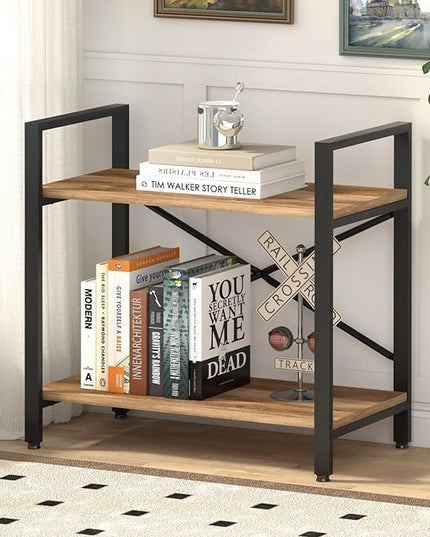 BON AUGURE Small Bookshelf for Small Space, Industrial 2 Tier Wood Metal Bookcase, Rustic Short Book Shelf for Living Room, Bedroom and Office (Vintage Oak) - LeafyLoom