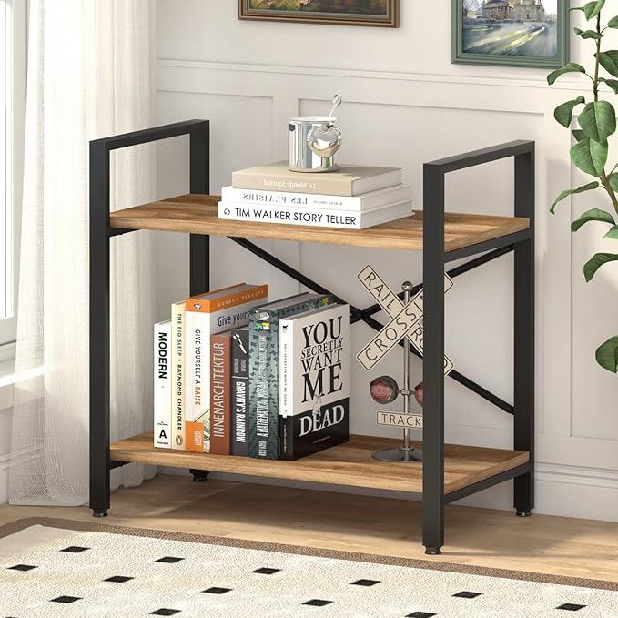 BON AUGURE Small Bookshelf for Small Space, Industrial 2 Tier Wood Metal Bookcase, Rustic Short Book Shelf for Living Room, Bedroom and Office (Vintage Oak) - LeafyLoom