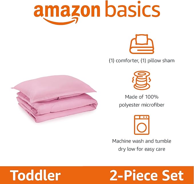 Amazon Basics 2 Piece Microfiber Kid's Comforter and Pillow Sham Set, Toddler, Light Pink, Solid - LeafyLoom