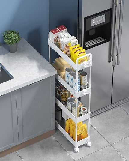 SOLEJAZZ Slim Storage Cart, 4 Tier Bathroom Organizer Mobile Shelving Unit, Rolling Utility Cart Slide Out Organizer for Kitchen, Bathroom, Laundry, Narrow Places, White - LeafyLoom