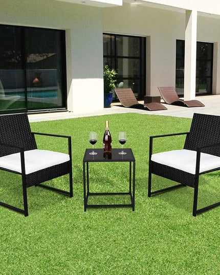 Outvita 3PCS Rattan Conversation Set, Outdoor Wicker Furniture Bistro Set 2 Chairs and Glass Top Table for Small Balcony Backyard Patio(Black) - LeafyLoom