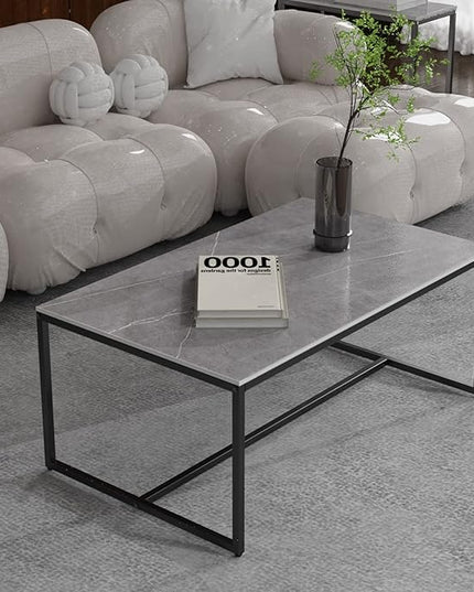 Wisfor Sintered Stone Coffee Table: Grey Sofa Center Table with Black Metal Frame - Rectangular Furniture Decor Table for Living Room, 39.4x23.6x15.7 Inch - LeafyLoom