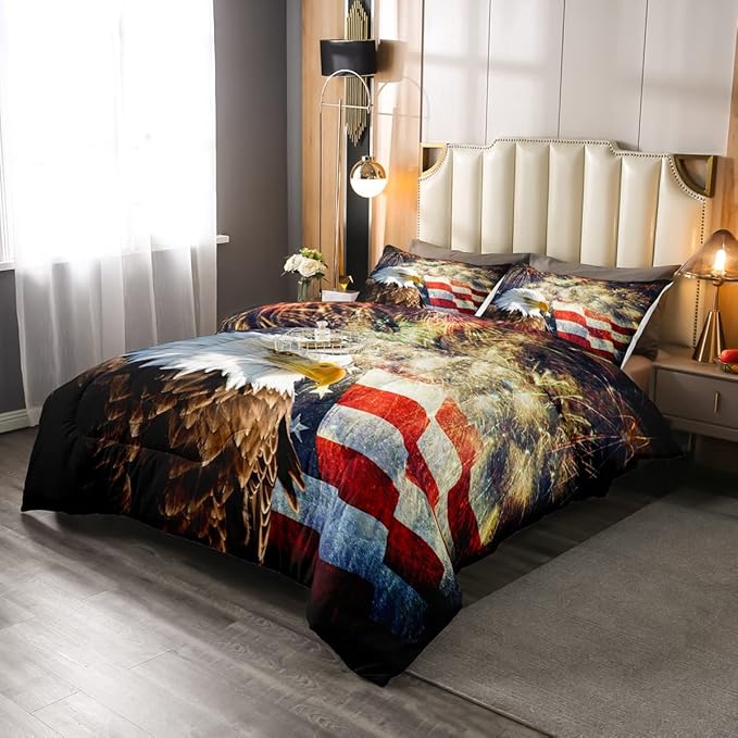 Erosebridal American Flag Comforter Eagle Room Decorative Comforter Set Full Size Firework Bedding Set Wildlife Animal Bird Down Comforter Soft Lightweight Quilt Set with 2 Pillowcases - LeafyLoom