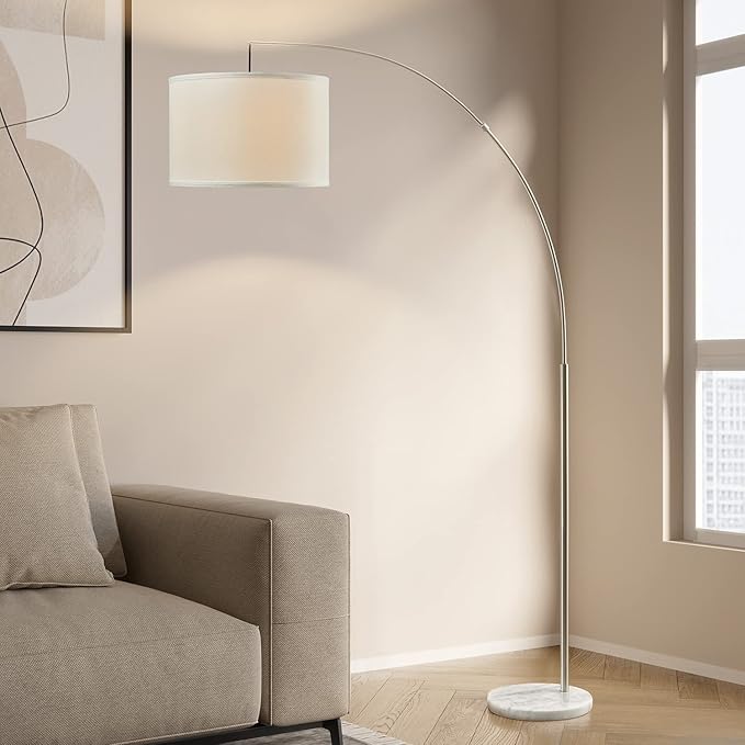 Oneach Modern Arc Floor Lamp for Living Room Arching Hanging Lamp Shade Over The Couch for Reading Bedroom Office Brushed Steel Arch Standing Floor Light Silver - LeafyLoom