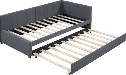 Merax Twin Size Upholstered Daybed with Trundle Wooden Sofa Bed Frame for Living, Guest, Children's Room, No Box Spring Needed, Easy Assembly, Gray - LeafyLoom