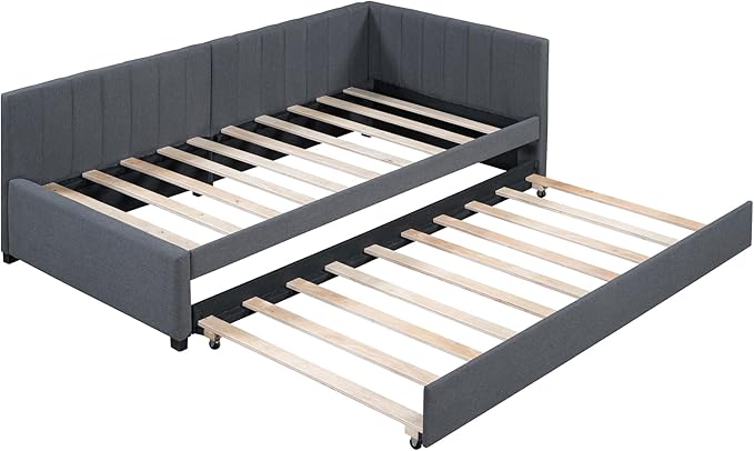 Merax Twin Size Upholstered Daybed with Trundle Wooden Sofa Bed Frame for Living, Guest, Children's Room, No Box Spring Needed, Easy Assembly, Gray - LeafyLoom