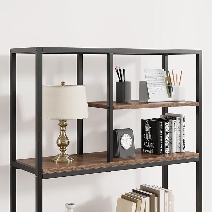 Book Shelf, Tall Bookcase with Storage, 6-Tier Industrial Bookshelf with 2 Wooden Drawers for Home Office and Living Room, Brown - LeafyLoom