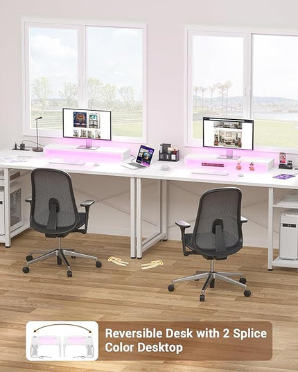 armocity Computer Desk with LED Lights, Gaming Desk with Power Outlet and USB, 40 Reversible Laptop Table with Moveable Monitor Stand, Small Desk for Small Spaces, Office, Gaming Room, White - LeafyLoom