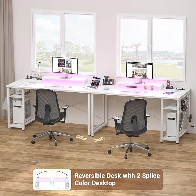 armocity Computer Desk with LED Lights, Gaming Desk with Power Outlet and USB, 40 Reversible Laptop Table with Moveable Monitor Stand, Small Desk for Small Spaces, Office, Gaming Room, White - LeafyLoom